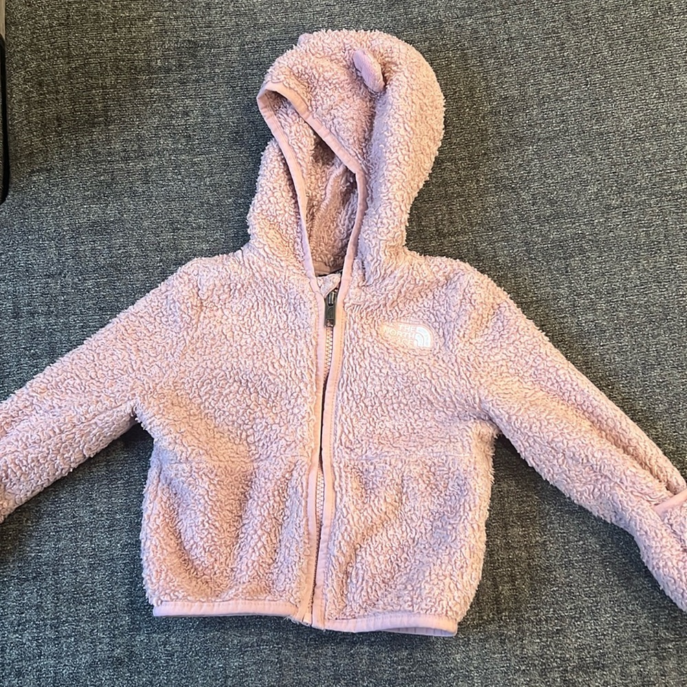 Blush pink north face fleece toddler baby coat jacket hoodie with mittens 12-18